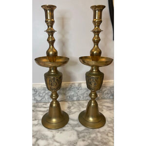 Pair MCM 1960s Brass Altar Candlesticks 16.5” Ornate Mid Century Boho Decor